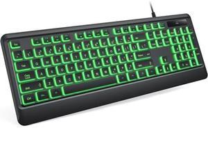 BERGUF Backlit Computer Keyboard, 7 Colors LED, Full Size USB Wired, Waterproof Quiet Keys, for PC, Laptop, Windows Desktop (Medium)