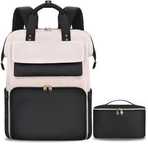 BERTASCHE Lunch Backpack for Women, 17.3 Inch Laptop Backpack with Insulated Cooler Lunch box, Nurse Backpack for Teacher Work Travel College Picnic, Black-Beige