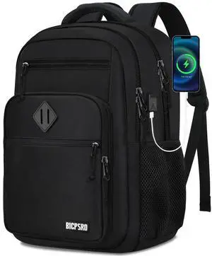 BICPSRO Classic Backpack for Men Women, 15.6 Inch Travel Laptop Backpack with USB Charger for Work Business Computer, Black