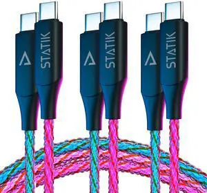 Statik GloBright Braided LED Charging Cable - Glowing Super Fast 100W Light Up Cable, Data Transfer, Lighted Phone Charger Cord - 6FT/2M, Type USB C to USB C 3-Pack