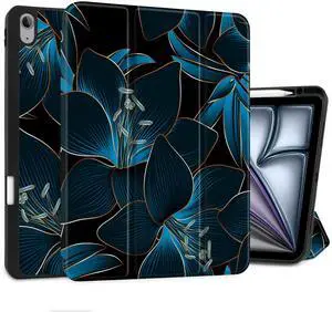 DONGKE for iPad Air 13 Inch Case M3 2025, M2 2024 - [Built-in Pencil Holder] Slim Trifold Stand Shockproof Protective Cover with Soft TPU Back Support Auto Sleep/Wake - Blue Lilies