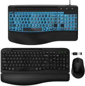 2 Pack Wireless Keyboard and Mouse Combo, EAYBLLY Wave Keys Wireless Ergonomic Keyboard with Cushioned Wrist Rest, Phone Holder, 2.4GHz Silent Cordless Keyboard Mouse Set