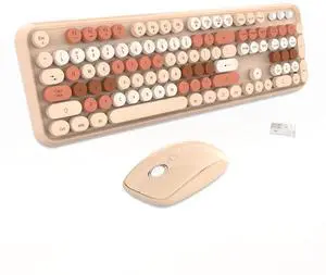 Wireless Keyboard and Mouse Combo - Cute Round Keycaps, Full-Size Retro Typewriter Keyboard with 2.4GHz Plug & Play, for Windows 11/10/7, Laptop, PC, Notebook, Smart TV (Milk Tea)