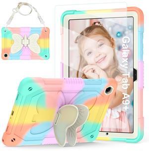 for Samsung Galaxy Tab A9+/ A9 Plus Case for Kids Girls, Galaxy Tab A9 Plus 11 inch 2023 Table Case with Screen Protector, Protective Cover with Butterfly Stand Shoulder Strap,Multicolor