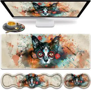 Large Gaming Mouse Pad, Keyboard Wrist Rest Pad + Mouse Wrist Pad + Coaster 4 in 1 Set, Extended Waterproof Non-Slip Desk Mat, Suitable for Office Home Learning Games, Artistic Cat Face