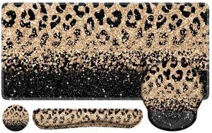 iLeadon Mouse Pad Set, Desk Mat + Mouse Pad with Wrist Rest + Keyboard Wrist Rest + Coaster, 4in1 Leopard Mouse and Keyboard Pad Set for Home Office, Black Gold Leopard