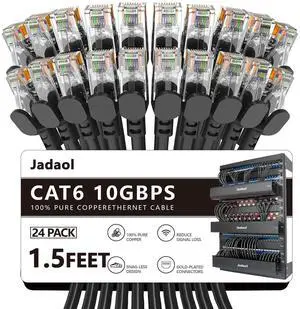 Jadaol Cat6 1.5ft 24 Pack Patch Cable, 10Gbps High-Speed Ethernet Patch Cable, Support Cat8/7 Network, 24AWG Pure Copper, RJ45 Gold-Plated Connector, LAN Network Cable for Patch Panel to Switch, Black