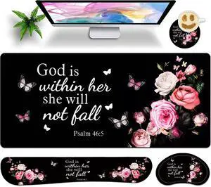 JYCUHTCL Large Gaming Mouse Pad Set 35.4 x 15.7 with Keyboard Wrist Rest, Wrist Support, and Coaster Memory Foam Smooth Desk Pad Mousepad for Home Office School - Floral Bible