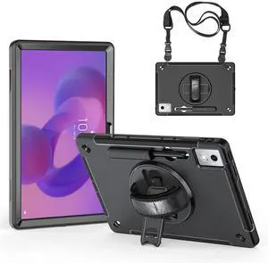 Junfire Protective Case for Lenovo Idea Tab Pro 12.7 inch 2025, Shockproof Hard Case with 360degRotating Kickstand/Hand Strap/Shoulder Strap/Stylus Holder-Black