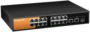 keepLiNK 16 Port Gigabit PoE Switch Unmanaged, 16 PoE+ Ports @240W, 2 Gigabit Uplink Ports and 1 SFP Slot, 802.3 at/af Compliant, Fanless & Metal Housing, Desktop or Rackmount