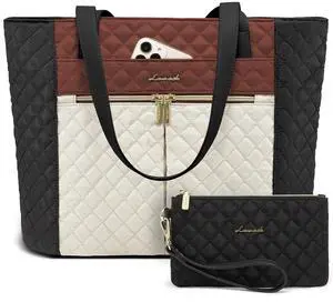 LOVEVOOK Laptop Bag for Women 15.6 inch,Diamond Quilted Work Tote Bags Womens Laptop Computer Shoulder Bags,Stylish Travel Tote Bags Laptop Purse Briefcase Handbag with Clutch Purse,Brown-Black-White