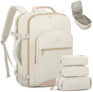 LOVEVOOK Travel Backpack for Women, 50L Personal Item Backpacks Flight Approved with 3 Packing Cubes, Water Resistant Carry on Backpack Luggage Daypack Business Weekender Bag, Beige-Flesh beige