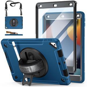 Case for iPad 9th/8th/7th Generation 2021/2020/2018: Military Grade TPU Cover for iPad 10.2 Inch with Screen Protector - Stand - Handle - Shoulder Strap- Pencil Holder- Blue