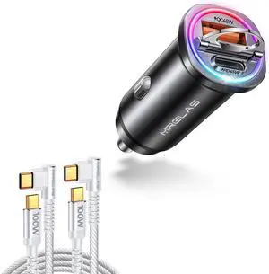 MRGLAS 2-Pack 100W/5A USB C to USB C Cable [6.6FT] & 90W USB C Car Charger Fast Charging [LED Multicolored] [All Metal] Cigarette Lighter Car Charger