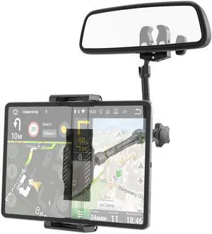Rearview Mirror Tablet Holder- Metal Long Arm 360deg Rotation and Folding, Rear View Mirror Tablet Holder, Fit Thick Cases (Deep Max 1.18'') for iPad Pro Air Mini, Galaxy Tab, iPhone, 6-15.6'' Devices
