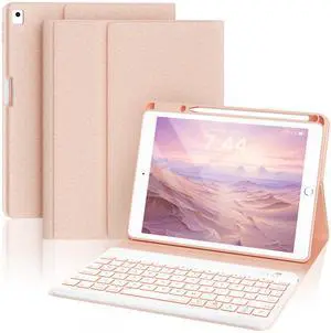 OPAKIT Keyboard Case for iPad 9th/8th/7th Generation, 7-Color Backlit Detachable Bluetooth Keyboard and Pencil Holder, for 10.2'' 2021, 2019, Air 3rd, Pro 10.5'', Rose Gold