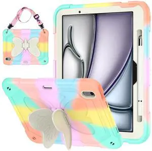 Paorixln for iPad Air 11 Inch Case 2024 (M2) for Kids Girl with Pencil Slot, for iPad Air 6th Generation Cover with Butterfly Stand Stylus Pencil Shoulder Strap Shockproof Full Body Protective