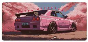 QEOPGNE Anime Car Mousepad Extended Japanese Cherry Blossom JDM Large Mouse Pad Pink R34 Desk Mat for Keyboard and Computer Pad Non-Slip for Gaming Home Office Supplies for Desk 35.4 x 15.7 Inch