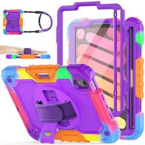 SEYMAC stock Case for iPad Mini 7 (A17 Pro)2024/ Mini 6 8.3'' with Screen Protector Pencil Holder [360 Rotating Hand Strap] &Stand, Drop-Proof Case for iPad Mini 7th/6th Generation 8.3"Purple+Colorful