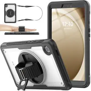 SEYMAC stock Case for Samsung Galaxy Tab A9 8.7 inch Tablet Case Drop Protection with Screen Protector, Pen Holder, 360 Rotate Kickstand & Strap, Shoulder Strap, Frosting-Anti-Slip, Clear