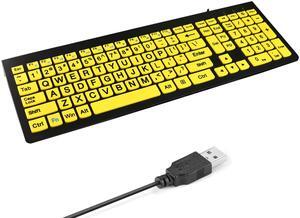 HXMJ-Large Print Computer Keyboard | Quiet Scissor Switch | Full Size | Wired USB High Contrast Keyboard with Oversized Letters for Seniors and Visually Impaired Low Vision Individuals-Yellow