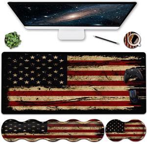 Mouse Pad Wrist Support Set, Extended Gaming Mouse Pad and Ergonomic Memory Foam Keyboard Wrist Rest for Office,Home, XXL Waterproof Writing pad Large Desk Pad, Vintage American Flag Mouse Mat