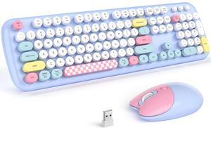 Retro Wireless Keyboard and Mouse Combo, SQMD 2.4G Typewriter Keyboard with Round Colorful Keycaps, Full-Size Office Keyboard and Quiet Mouse for Windows PC, Home, Office, and College - Light Blue