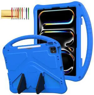 Kids Case for iPad Pro 13" 2024/Air 13" M3 M2, iPad Pro 12.9 2018-2022 Cover with Pencil Holder, Techcircle Lightweight Shockproof EVA Foam Handle Stand Anti-Slip Grip Rugged Case, Blue