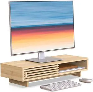 WELL WENG Monitor Stand Riser with Sliding Door, Computer Laptop Stand Desk Shelf Organizer with Storage (Natural Bamboo, 25 Inch)