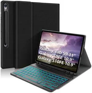 Keyboard Case for Samsung Galaxy Tab S9 11" 2023/S9 FE 10.9"/S10 FE 10.9" 2025, 5G Galaxy Tab S9 Fe Case Cover with 7 Color Backlit Magnetic Detachable Wireless Bluetooth Keyboard Black