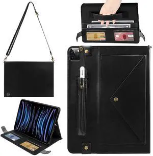 Handbag Case for iPad Pro 11" 2018-2022 / Air 11" 2025 2024 10.9" - Techcircle Folio Stand iPad Crossbody Wallet Case with Pencil Holder, Hand Strap+Shoulder Strap Protective Cover, Black