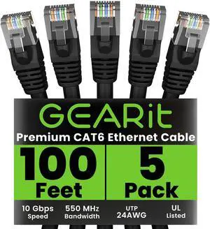 GEARit Cat 6 Ethernet Cable (5-Pack 100 Feet) Cat6 Network Patch, 10Gbps, RJ45, Snagless Cord, Gold-Plated Connectors, Internet for PC, TV, Tablet, Router, Printer, Servers, IT Data Center - Black