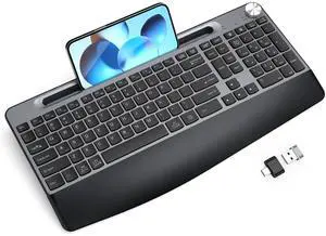 GAMCATZ Ergonomic Wireless Keyboard with Wrist Rest-Low-Profile,Phone/Tablet Holder,Quiet Design,Windows & Mac OS,Full Size Cordless USB Computer Keyboard for Desktop,Laptop, PC, Mac, Windows-Grey