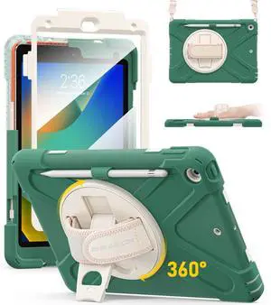 BRAECN Case for ipad 9th/8th/7th Generation 10.2'' Heavy Duty Screen Protector 360deg Rotating Stand Handle Pencil Holder Shockproof Drop Protection Shoulder/Hand Strap Durable Kids-Friendly