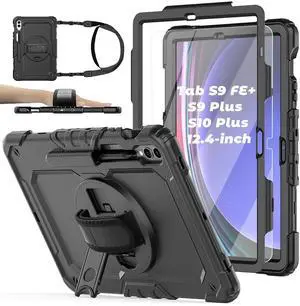 BASE MALL Case for Samsung Galaxy Tab S10 Plus/ S9 FE Plus/ S9 Plus 5G Tablet Case 12.4 inch [with Tempered Glass Screen Protector], Rotatable Kickstand, S Pen Holder, Hand/Shoulder Strap (Black)