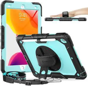 Timecity Case for iPad 9th/ 8th/ 7th Generation 10.2 inch - Heavy Duty Protective Cover with Screen Protector, Rotating Stand, Shoulder Strap & Pencil Holder | Kids-Friendly (Blue)