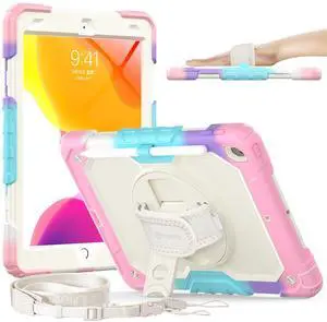 Timecity Case for iPad 9th/ 8th/ 7th Generation 10.2 inch - Heavy Duty Protective Cover with Screen Protector, Rotating Stand, Shoulder Strap & Pencil Holder | Kids-Friendly (Pink Camo)