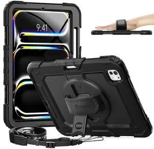 timecity for iPad Pro 11 Inch M4 Case 2024 5th Gen, 360deg Rotating Stand, Pencil Holder & Wireless Charging, Shockproof with Screen Protector & Shoulder Strap - for Designers & Professionals, Black