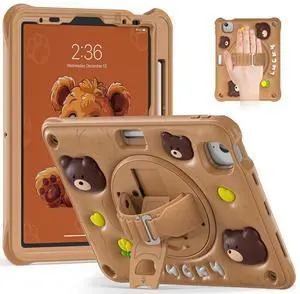 Batianda Kids Case for iPad Air 11 inch 2025 2024 Air 5th Adorable 3D Bear Design Silicone Durable Multi-Layer Protection, 360deg Rotating Hand Strap and Kickstand, Built-in Pen Slot, Safe and Fun Use