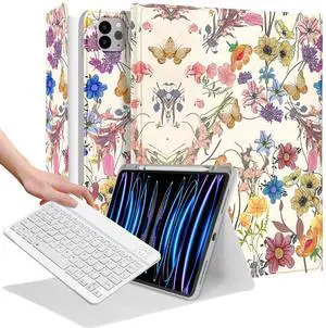 Wazzasoft for iPad Air 13 inch Case 2024 M2, for iPad Pro 12.9'' Case with Keyboard Pencil Holder Folio Tablet Cover Women Girl Cute Butterfly Flowers for Apple Air 11, Pro 12.9