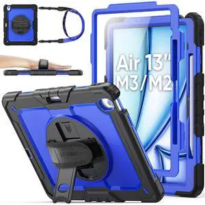 SEYMAC stock Case for iPad Air 13 inch Case M3/ M2 (2025/2024), for iPad Air 6th Generation, Heavy Duty Protective with Pencil Holder, Screen Protector, Stand, Hand Strap, Shoulder Strap, Blue