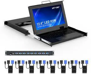 MT-VIKI Rack Mount KVM, 8 Port KVM VGA Switch w/15.6'' LCD Monitor, 1080P, Mount into 23.6-31.5'' deep Server Cabinet, Integrated Touchpad+Keyboard+8 KVM Cables