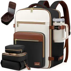 LOVEVOOK Travel Backpack For Women,50L Carry On Backpack Flight Approved,TSA Personal Item Travel Bag Fits 18 Inch Laptop,Business Weekender Overnight Daypack with Toiletry Bag and Cube,White brown