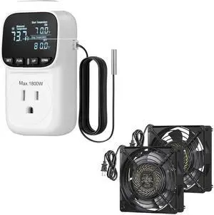 DEWENWILS Digital Temperature Controller, Heavy Duty 15A/1800W Thermostat Outlet Plug, VA Display Heating Cooling Control Timer, 2 Pack 120V AC Fan, Waterproof Exhaust Fan 120mm, 18W 2850RPM 90CFM, DI