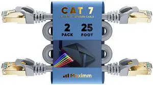 Cat 7 Ethernet Cable 25 ft - (2 Pack) High-Speed Cat7 Internet & Network LAN Patch Cables, RJ45 Connectors - Perfect for Gaming, Streaming, and More (Gray)