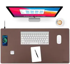 Wireless Charging Desk Mat with Desk Pad for Desktop Charging Large Mouse Pad Waterproof Leather Computer Mat Mouse Pad Non-Slip Protector on Top of Desks for Keyboard and Mouse (brown-l, 36*17inch)