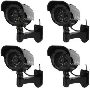 NONMON 4 Pack Bullet Dummy Fake Security Camera Surveillance Cameras with Realistic Red LED Light for Outdoor Indoor Security Warning Sticker, for Outdoor Safety Alert Black