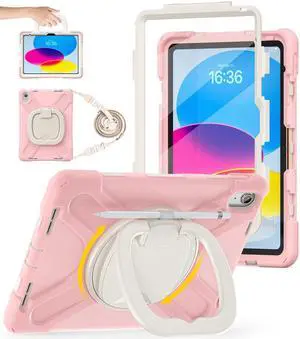BATYUE Case for iPad (A16) 11th/10th Gen 11''/10.9'' 2025/2022 - Heavy Duty Shockproof Cover with 360deg Rotating & 180deg Folding Stand, Screen Protector, Shoulder Strap & Pencil Holder | Cheery Pink