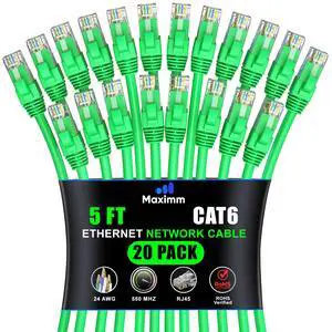 Maximm Cat 6 Ethernet Cable 5 ft (20-Pack) - High-Speed LAN Cable, Internet Cable, Patch Cable, and Network Cable - UTP, 10Gbps, 550MHz Ethernet Cord - Green