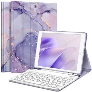 Fintie Keyboard Case for iPad 9th / 8th / 7th Generation (2021/2020/2019) 10.2 Inch, Soft TPU Back Stand Cover with Pencil Holder, Magnetically Detachable Bluetooth Keyboard, Lilac Marble